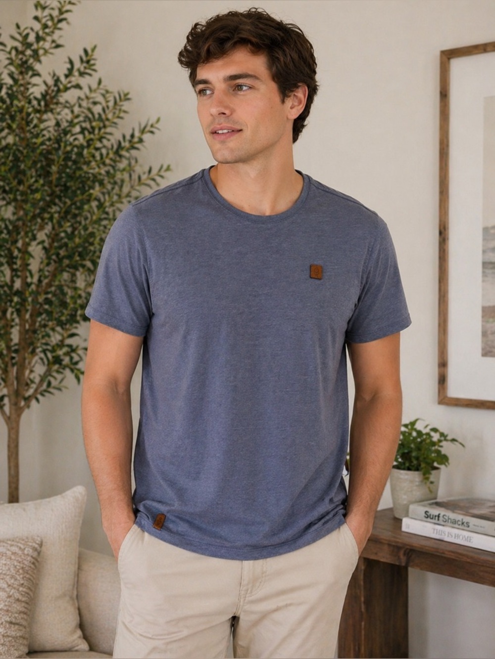 518 Naketano Slate Blue Short Sleeve Tee S Logo Patch Minimalist Casual T-Shirt